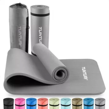 Esterilla de fitness Tunturi NBR, gris - 15mm alta densidad antideslizante para yoga, pilates, entrenamientos, 180x60cm