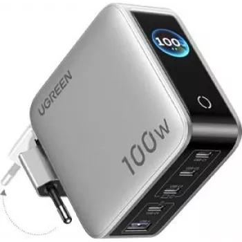 UGREEN 100W GaN Tech Nexode Pro Cargador de pared 5 en 1 con pantalla inteligente y control táctil, 4x USB-C y 1x USB-A, gris 65620