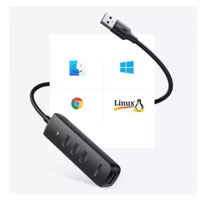 UGREEN hub USB 4 en 1 4x USB-A 3.0 PD DC 12V 0,25m negro (CM416 10915)