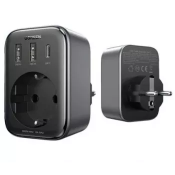 UGREEN CD314 Cargador GaN de 30W con 2 USB-A, 1 USB-C y 1 toma de corriente AC, enchufe EU, Negro