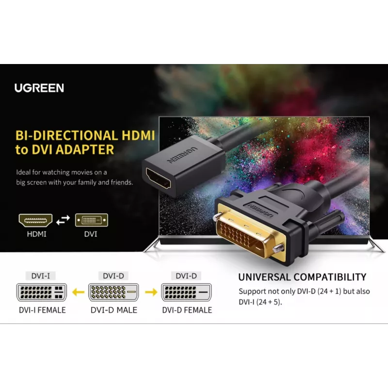 UGREEN adaptador de cable DVI a HDMI 15cm macho a hembra 1080p Full HD Negro