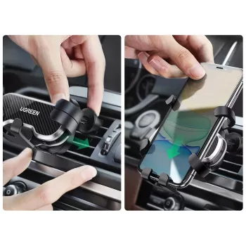 UGREEN Soporte de móvil Gravity Auto para salpicadero y parabrisas, soporte universal para smartphone con ventosa fuerte, giro 360°, brazo telescópico, desbloqueo con un botón, negro