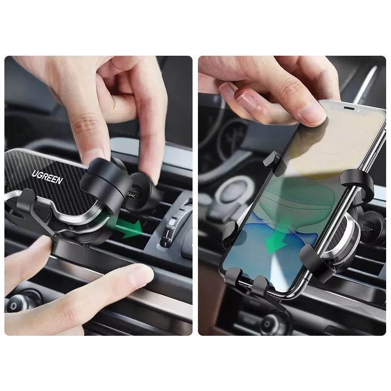 UGREEN Soporte de móvil Gravity Auto para salpicadero y parabrisas, soporte universal para smartphone con ventosa fuerte, giro 360°, brazo telescópico, desbloqueo con un botón, negro