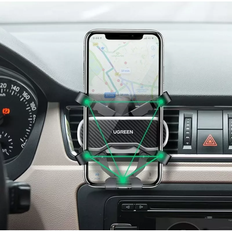UGREEN Soporte de móvil Gravity Auto para salpicadero y parabrisas, soporte universal para smartphone con ventosa fuerte, giro 360°, brazo telescópico, desbloqueo con un botón, negro