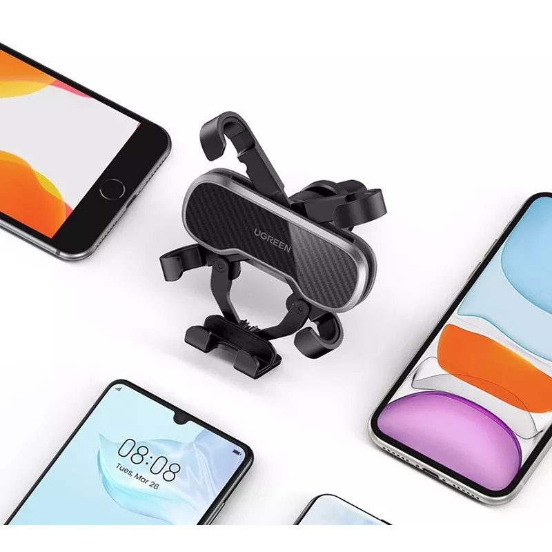 UGREEN Soporte de móvil Gravity Auto para salpicadero y parabrisas, soporte universal para smartphone con ventosa fuerte, giro 360°, brazo telescópico, desbloqueo con un botón, negro