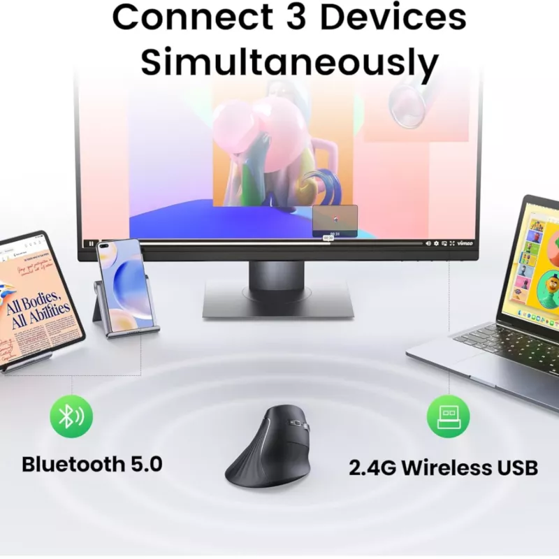 UGREEN Ratón vertical multimodo Bluetooth y 2.4G inalámbrico – negro