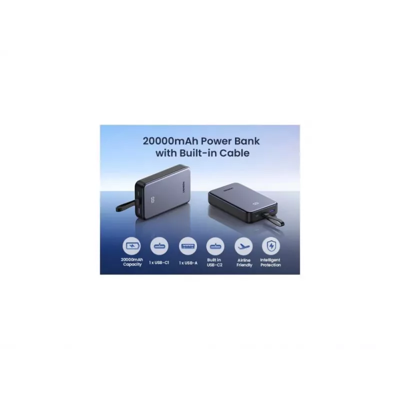 Batería externa UGREEN 20000mAh 20W 45762 con cable integrado gris
