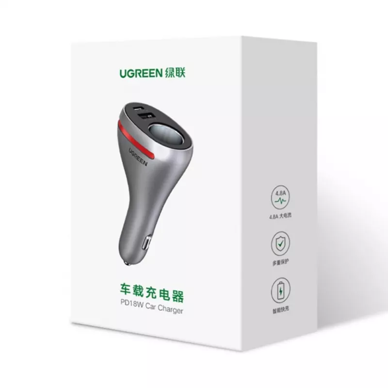 UGREEN cargador de coche USB Type-C / USB QC PD 24W con toma de mechero 12V plateado (CD204)