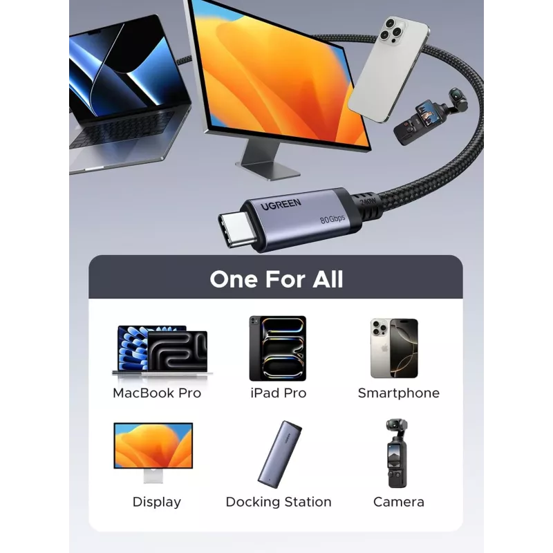 UGREEN Cable USB4 USB-C a USB-C 240W 40Gbps 16K@60Hz 80Gbps Compatible con Thunderbolt 4 1m Nylon Trenzado