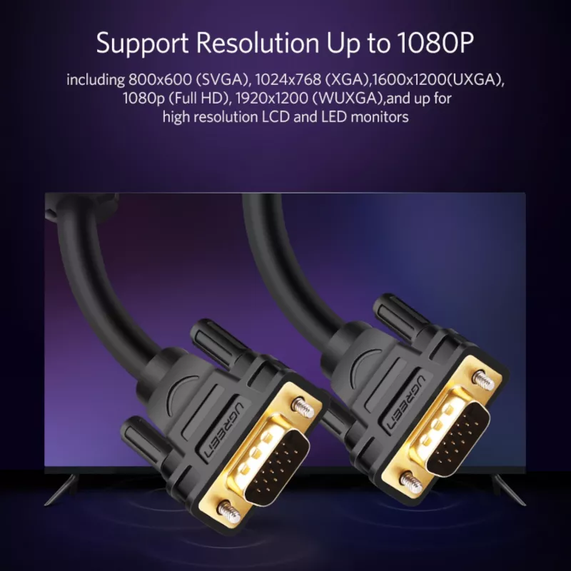 UGREEN VG101 Cable VGA conector macho a conector macho 1,5 m – Full HD 1080p, conectores dorados, doble apantallamiento, doble núcleo de ferrita