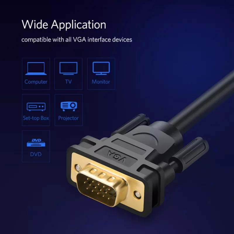 UGREEN VG101 Cable VGA Macho a Macho 3M – Dorado, Doble Ferrita, Full HD 1080p