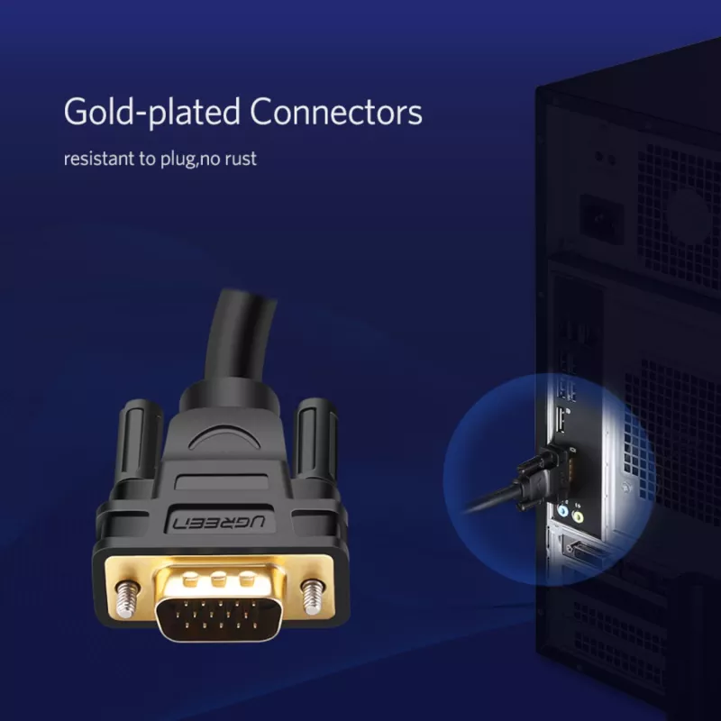UGREEN VG101 Cable VGA Macho a Macho 3M – Dorado, Doble Ferrita, Full HD 1080p