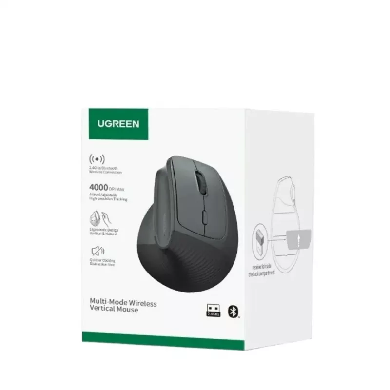 UGREEN Ratón vertical inalámbrico, 2,4 GHz / Bluetooth 5.4, DPI ajustable, negro