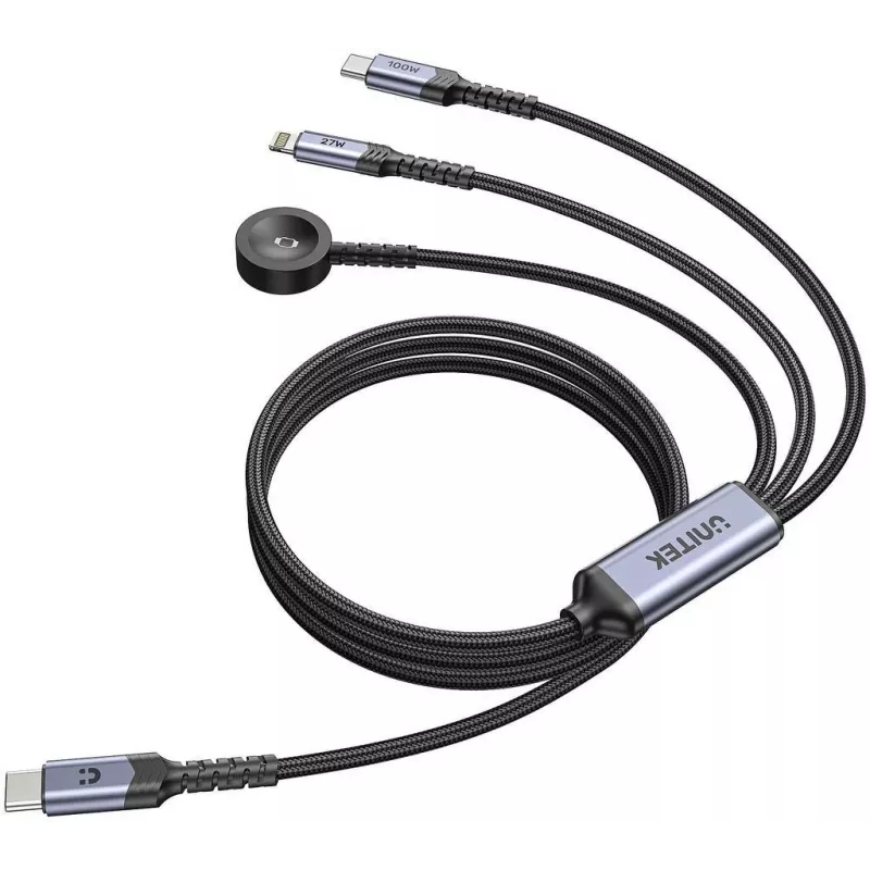UNITEK Cable de carga 3 en 1 USB-C + Lightning + Apple Watch, 100W PD, 480 Mbps, 1,2 m, Negro