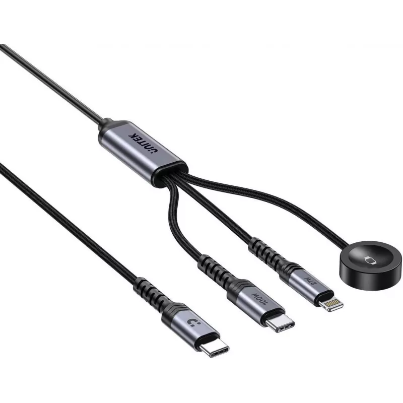 UNITEK Cable de carga 3 en 1 USB-C + Lightning + Apple Watch, 100W PD, 480 Mbps, 1,2 m, Negro