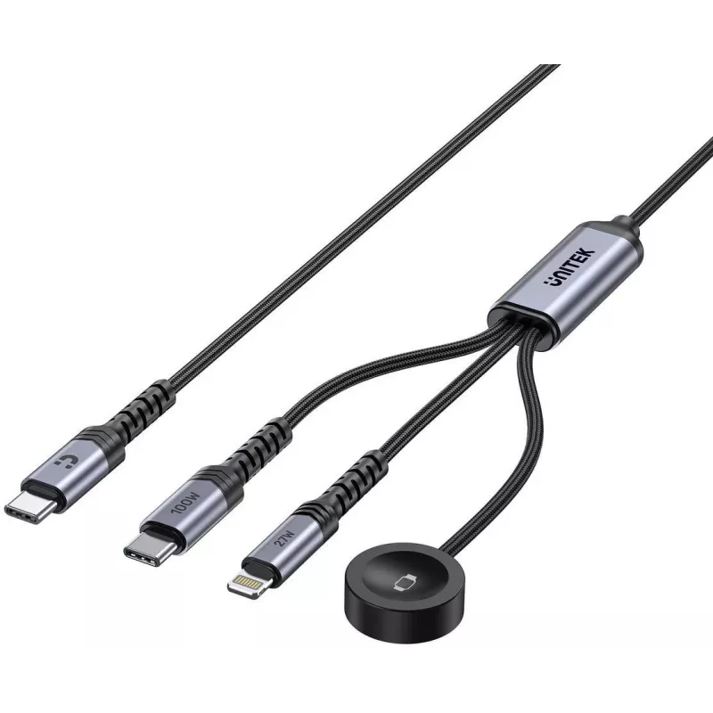 UNITEK Cable de carga 3 en 1 USB-C + Lightning + Apple Watch, 100W PD, 480 Mbps, 1,2 m, Negro