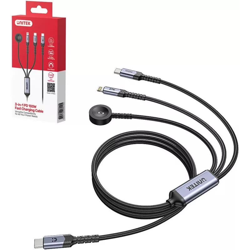 UNITEK Cable de carga 3 en 1 USB-C + Lightning + Apple Watch, 100W PD, 480 Mbps, 1,2 m, Negro