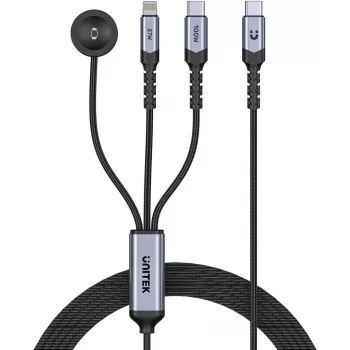 UNITEK Cable de carga 3 en 1 USB-C + Lightning + Apple Watch, 100W PD, 480 Mbps, 1,2 m, Negro