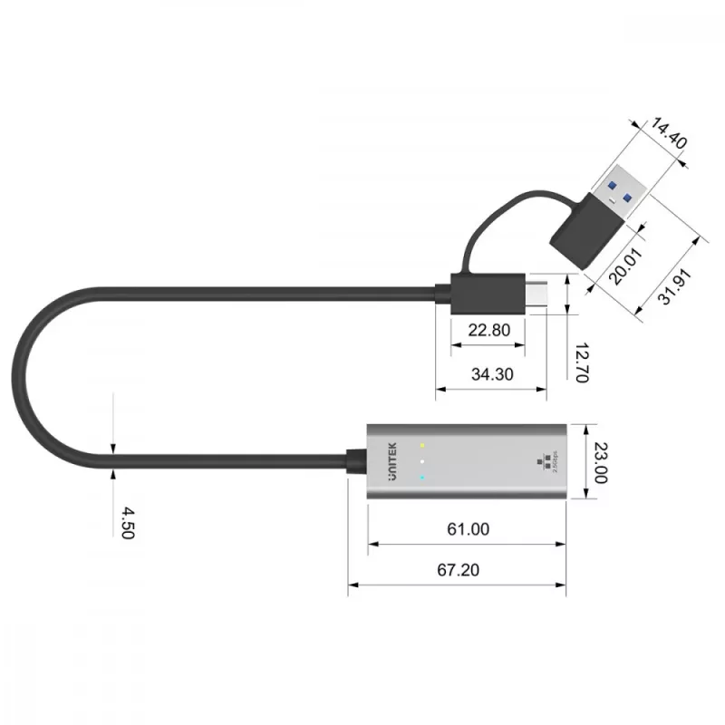 UNITEK Adaptador USB-A/C 3.1 Gen 1 a RJ45 2.5 Gigabit Ethernet U1313C
