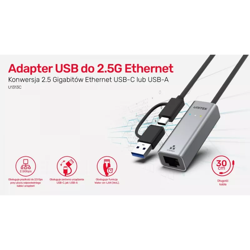 UNITEK Adaptador USB-A/C 3.1 Gen 1 a RJ45 2.5 Gigabit Ethernet U1313C