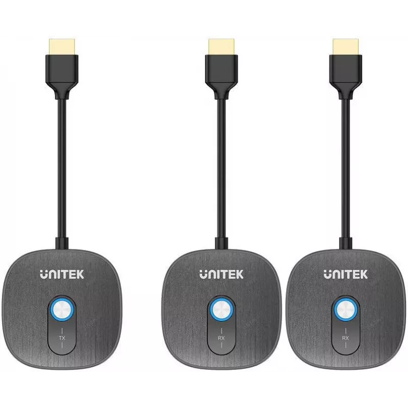 UNITEK Sistema transmisor de señal AV HDMI inalámbrico 1080p, 1 transmisor + 2 receptores, negro
