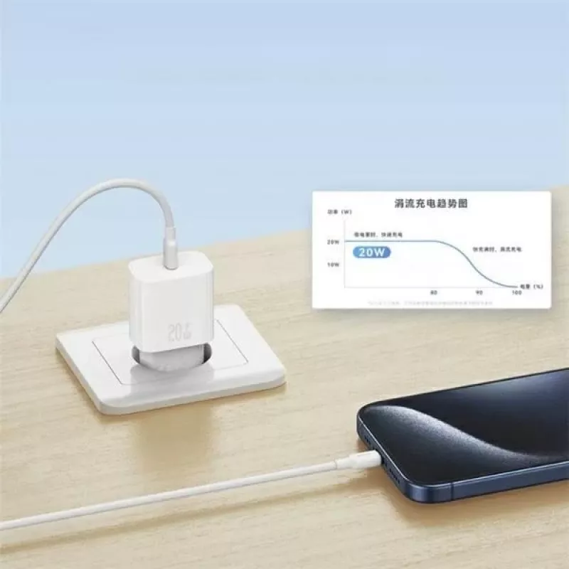 USAMS Yi Series T65 Cargador rápido PD 20W con cable USB-C a USB-C 60W, blanco (OYXLTZ01)