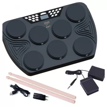 Batería electrónica portátil V-TONE ED7 con USB-C, 7 pads de silicona, 2 pedales, 5 kits preajustados, altavoz integrado