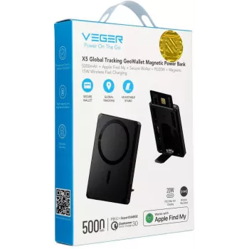 Veger GeoWallet Tracker X5 5000 mAh 20W PD QC 3.0 MFi MagSafe USB-C batería externa - negro