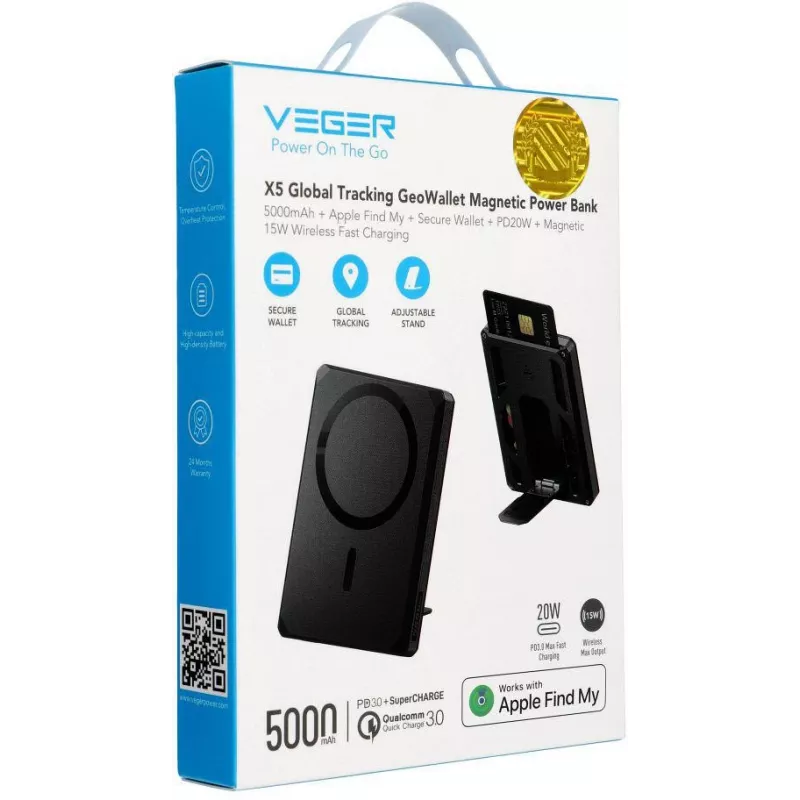 Veger GeoWallet Tracker X5 5000 mAh 20W PD QC 3.0 MFi MagSafe USB-C batería externa - negro