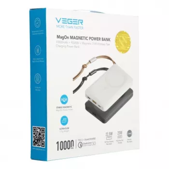 Batería externa Veger MagOn 10000 mAh blanca - compatible con MagSafe, PD QC3.0 20W carga inalámbrica