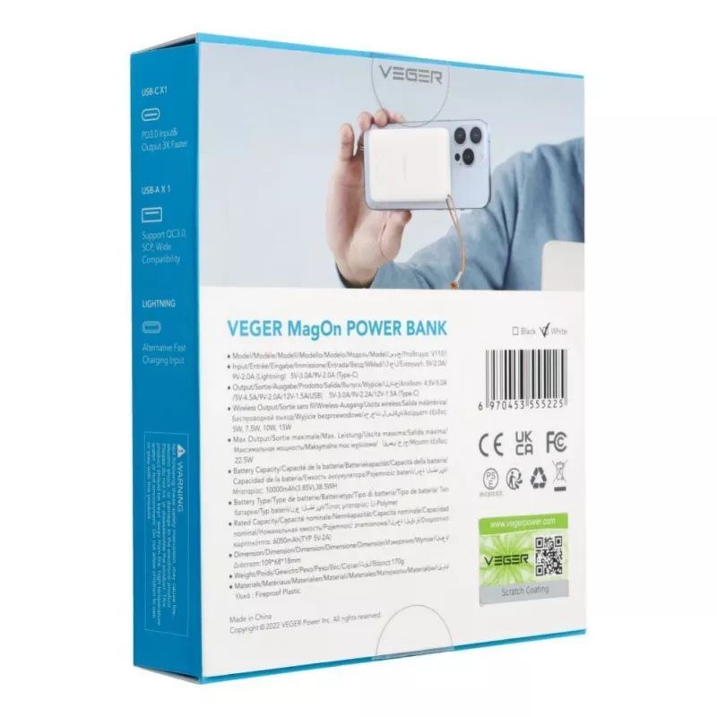 Batería externa Veger MagOn 10000 mAh blanca - compatible con MagSafe, PD QC3.0 20W carga inalámbrica