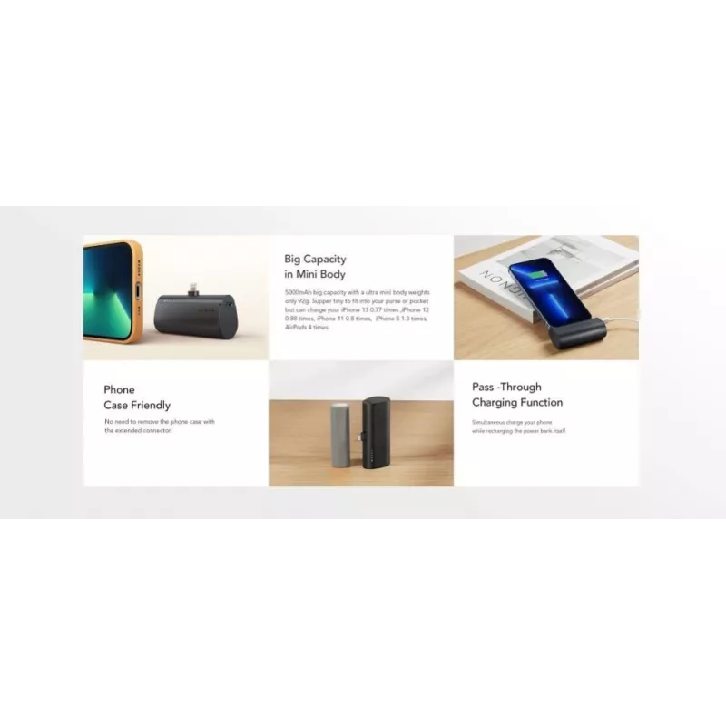 VEGER PlugOn batería externa 5000 mAh 20W PD QC3.0 con conector Lightning integrado negra