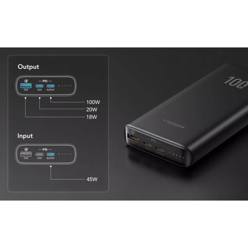 Batería externa Veger Powerbank T100 (W2032C-100) PD QC3.0 5A 100W 20000 mAh negra