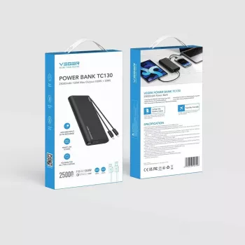 VEGER TCE130 Batería Externa PD 130W 25000mAh con Cables USB-C y Lightning Integrados, Negro