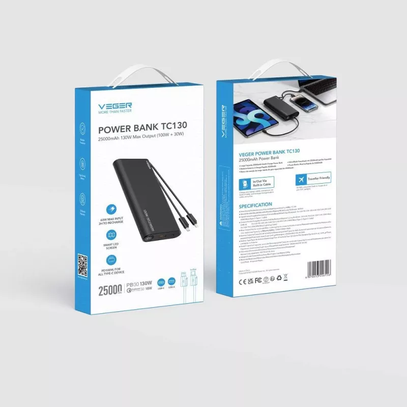 VEGER TCE130 Batería Externa PD 130W 25000mAh con Cables USB-C y Lightning Integrados, Negro