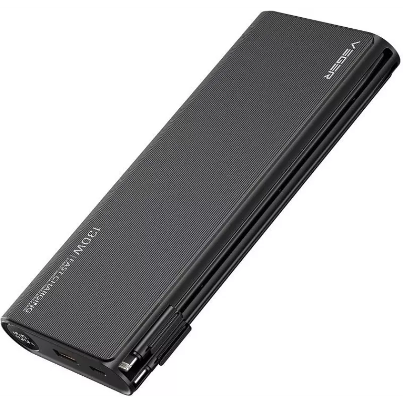 VEGER TCE130 Batería Externa PD 130W 25000mAh con Cables USB-C y Lightning Integrados, Negro