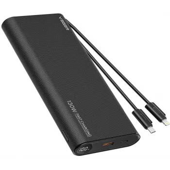 VEGER TCE130 Batería Externa PD 130W 25000mAh con Cables USB-C y Lightning Integrados, Negro