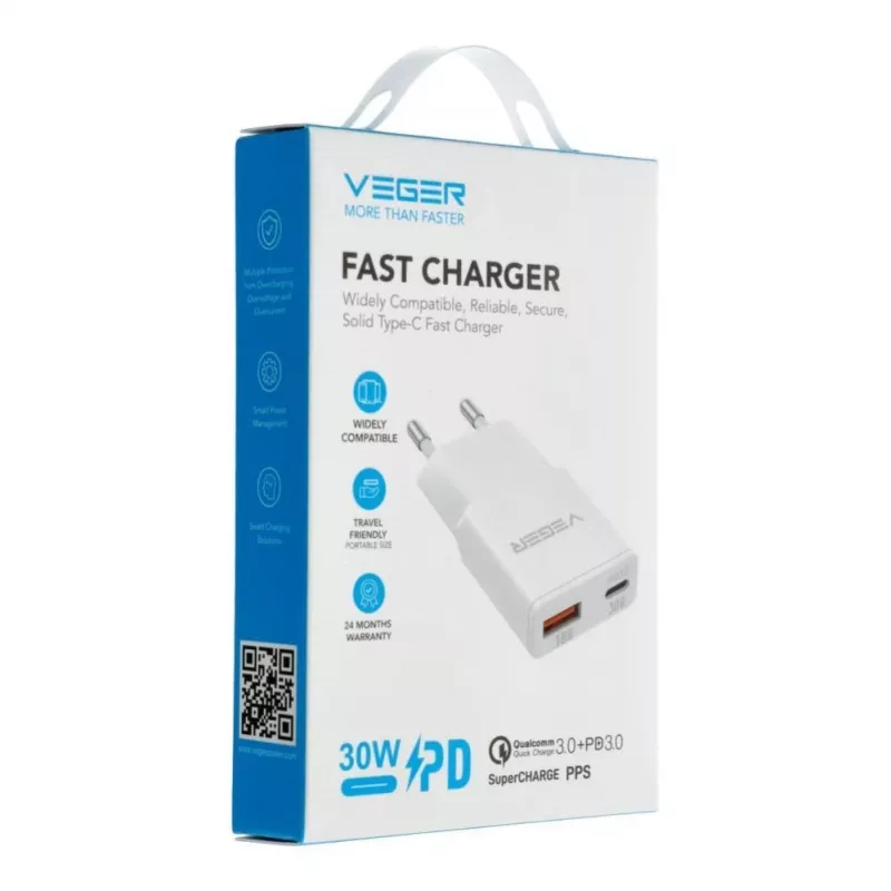 VEGER cargador de pared USB-A + USB-C QC PD 30W 30W1A1C blanco