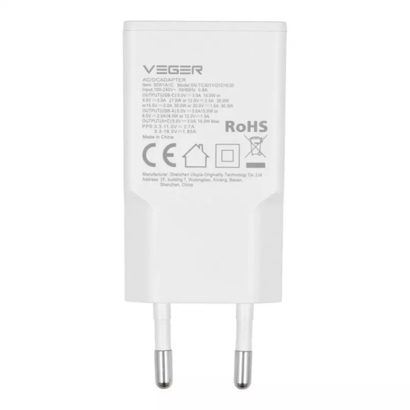 VEGER cargador de pared USB-A + USB-C QC PD 30W 30W1A1C blanco