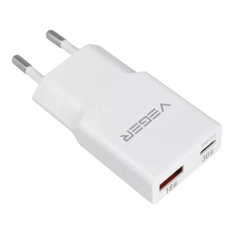 VEGER cargador de pared USB-A + USB-C QC PD 30W 30W1A1C blanco
