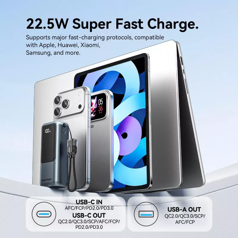 VENTION FKOH0 10000 mAh 22.5 W batería externa inalámbrica con USB-C PD y QC - negro