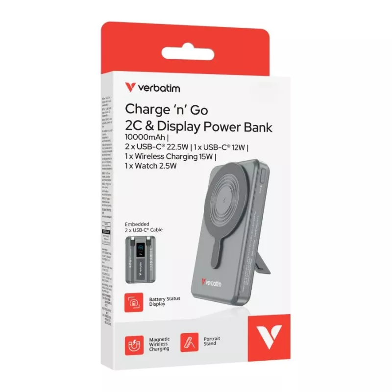 Verbatim Charge'n'Go Batería externa 2C y pantalla 10000 mAh Gris