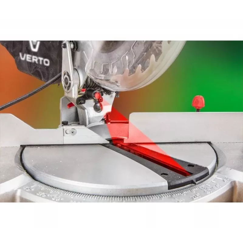 Sierra de ingletar y tronzar VERTO 1500 W, disco de 210 x 30 mm, 5000 rpm, guía láser, base de aluminio