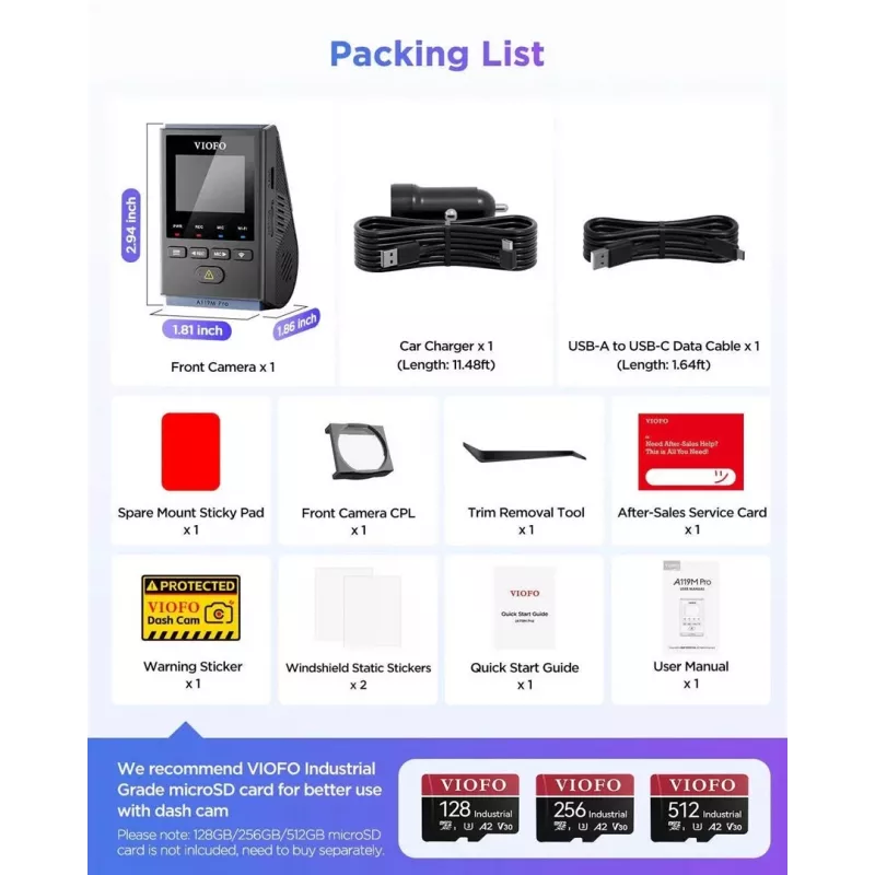 VIOFO A119M Pro Dashcam 2K QHD con Sony STARVIS 2 IMX675, GPS y Wi-Fi integrados, supercondensador, campo de visión de 140°, pantalla de 1,5 inch