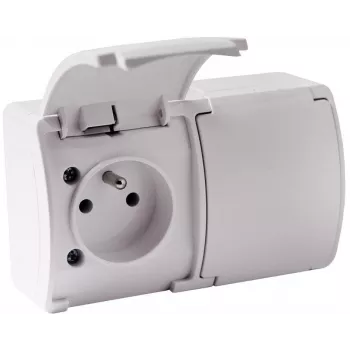 VIPLAST KOALA 162-01 Toma doble con toma de tierra y tapa abatible, Type E 16A 250V, IP44 blanca