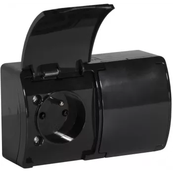 Toma doble VIPLAST KOALA con contacto de protección y tapa abatible, negra, IP44, 16A, 230V, 2 tomas