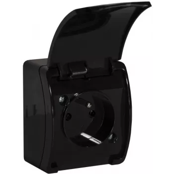 VIPLAST KOALA Toma de corriente individual de superficie con contacto de protección y tapa abatible, negra, IP44, 16A, 250V, 2P+E