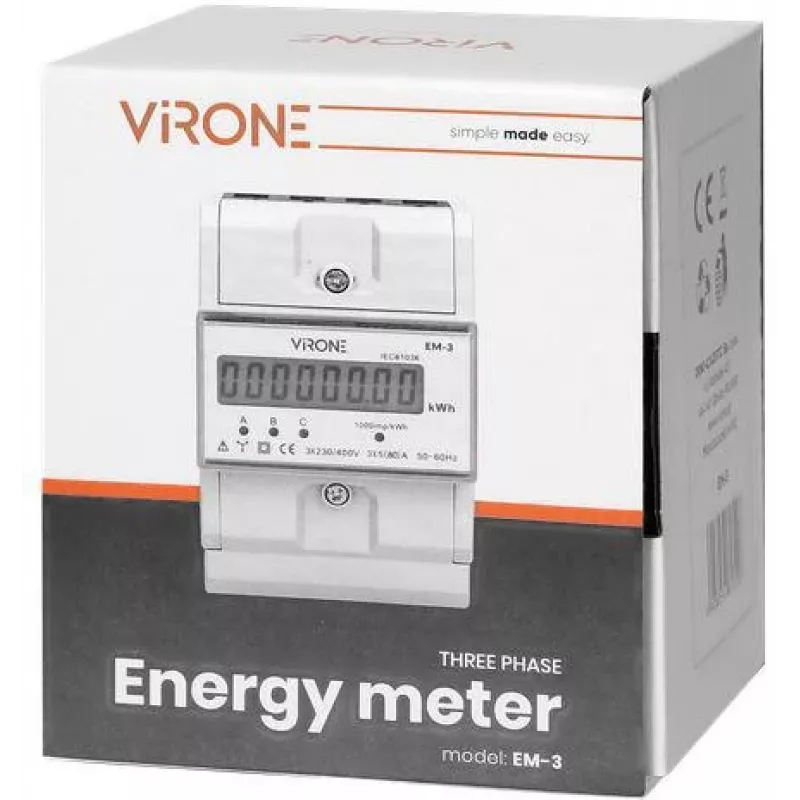 Virone EM-3 Contador de energía trifásico, 80A, 3 módulos, carril DIN TH-35mm
