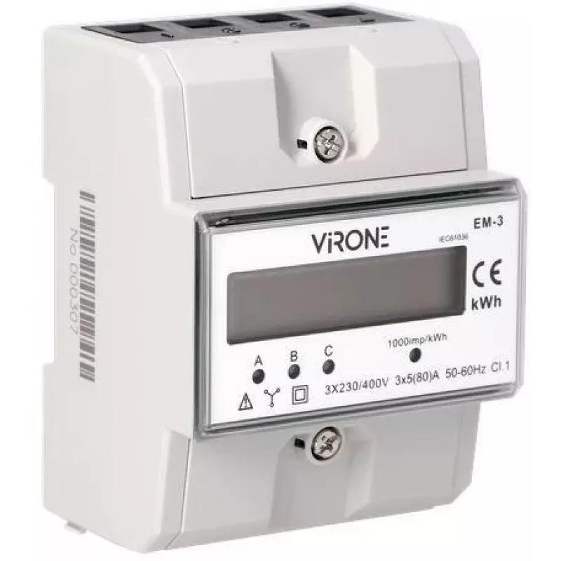 Virone EM-3 Contador de energía trifásico, 80A, 3 módulos, carril DIN TH-35mm