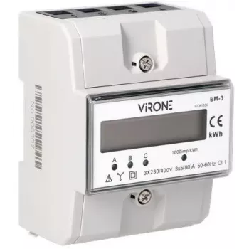 Virone EM-3 Contador de energía trifásico, 80A, 3 módulos, carril DIN TH-35mm